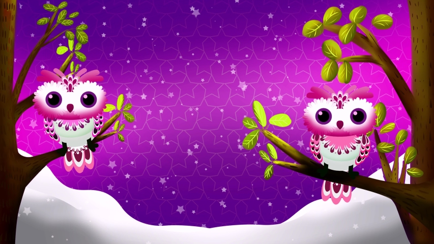
Charming cartoon of cute owls perched on a tree under a beautiful night sky, perfect for whimsical and serene nighttime scenes