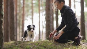 Happy and smiling woman with teach little puppy in forest fo a trick for dog food. Funny video