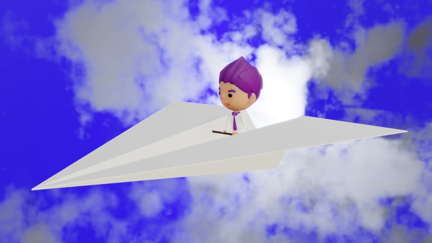 3D rendering character of a man on the plain paper is flying on the sky.