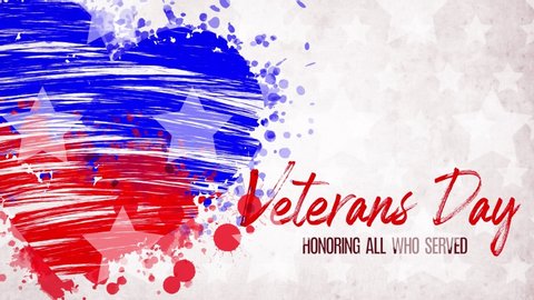 animation. painted, blue-red heart with stars, red lettering inscription Veterans Day, on white background. Template for USA national holiday banner, greeting card, invitation, poster, flyer, etc.