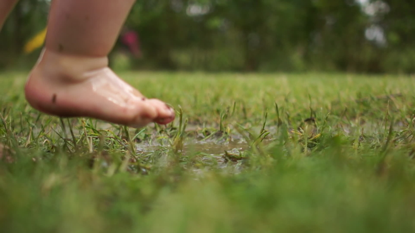 Clouse up portrait of toddlers bare feet, a child jumping in the grass through a puddle, a happy childhood, have fun. A kid having loads of fun jumping in mud puddle Royalty-Free Stock Footage #1054683083
