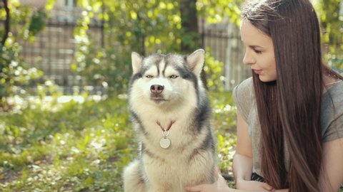 An Attractive Young Woman With Brown Eyes, A Brunette Embraces Her Siberian Husky Dog. Friendship Between Human And Grass, Pets. Brunette Girl