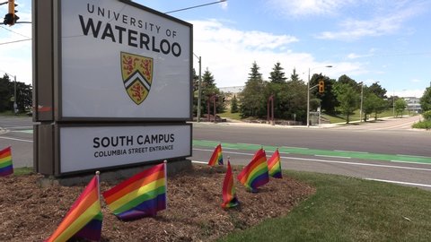 Waterloo, Ontario, Canada June 2020 Gay pride flags waving proudly on campus in June 2020 during graduation in COVID 19 pandemic