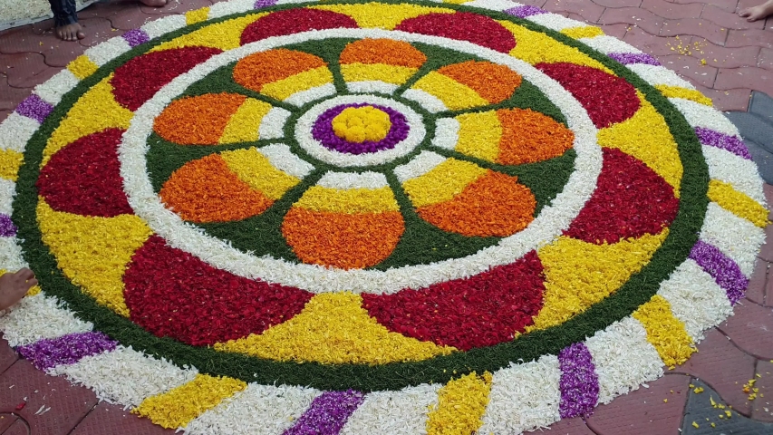 Flower bed decoration, seamless floral pattern of tropical fresh flowers on Onam, Vishu celebration of Kerala, India. Indian festival.