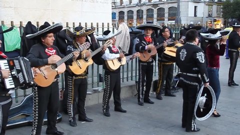 MADRID, SPAIN - OCTOBER 24, 2017: Group of Mariachi performing at Puerta del Sol square in Madrid.