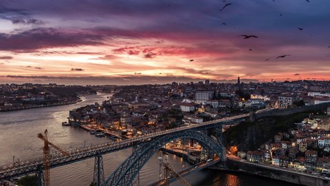 Mesmerizing Sunset, Aerial View Shot of Porto, Oporto, Dom Luis I Bridge, Douro River, Old Town, Portugal