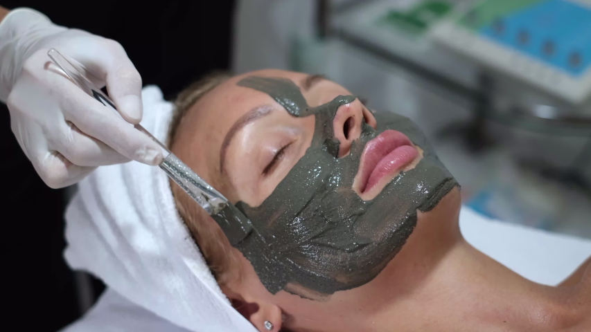Cosmetologist apply clay mask with brush on young pretty woman face in beauty clinic, spa salon. Beautician making beauty facial skincare procedure to caucasian europian female   | Shutterstock HD Video #1054692068