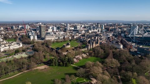 Aerial View Shot of Cardiff UK sunny day