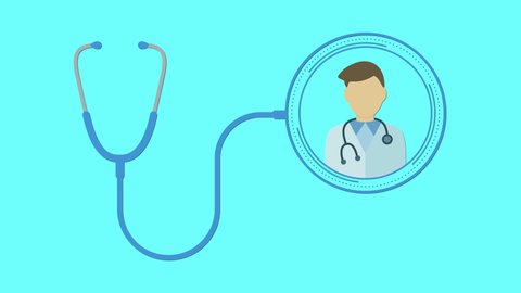 build up of a stethoscope with a circular hud and a doctor, concept of telemedicine, flat cartoon style, seamless loop, luma matte for background replacement