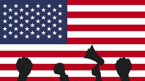 Protest in USA. Fists moving frame - animation on USA flag.