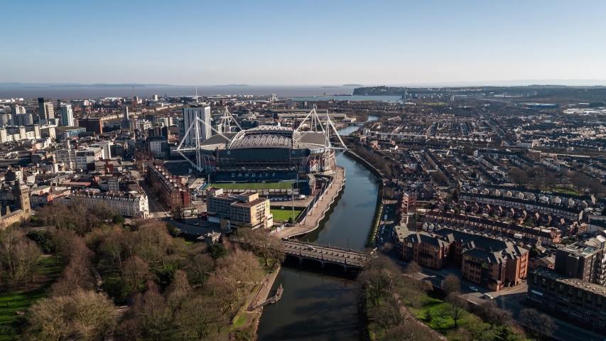 Aerial View Shot of Cardiff UK, Principality Stadium, Wales United Kingdom