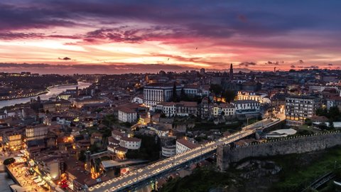 Magnificent Sunset, Aerial View Shot of Porto, Oporto, Dom Luis I Bridge, Douro River, Old Town, Portugal