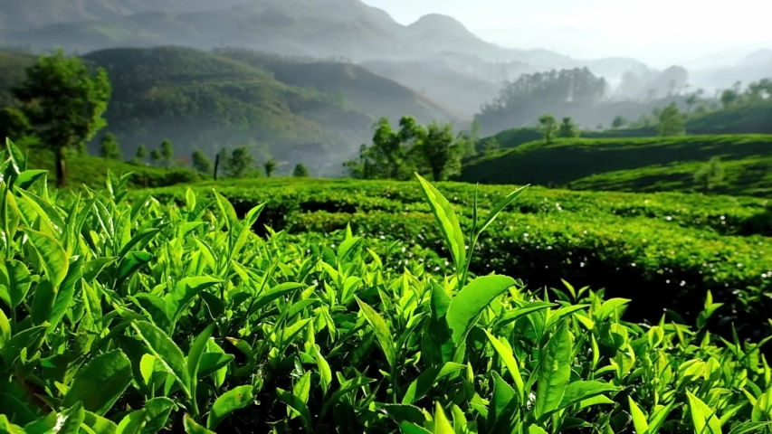 Young green tea leaves on the tea bush close up. Fresh tea leaves on tea plantations in Munnar, Kerala state, India. Slow panning steadicam shot  Royalty-Free Stock Footage #1054698758