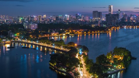Hanoi, Vietnam, time lapse view of Hanoi skyline at dusk showing West Lake and Tay Ho District.