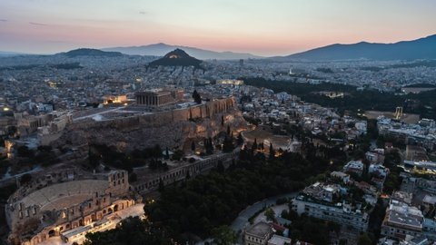 Aerial View Shot of Athens, ancient Parthenon, Acropolis, Greece at dawn dusk