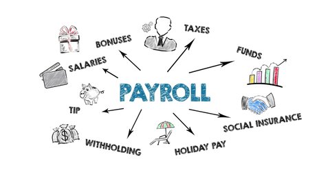 Payroll, work, opportunities, finance and insurance concept. Chart with keywords and icons
