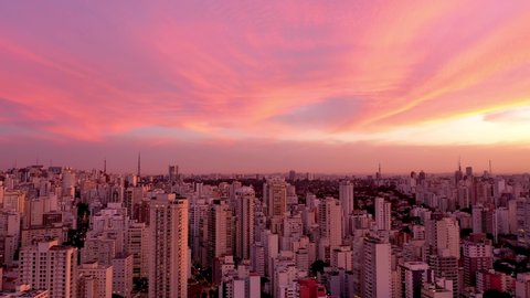 Cityscape summer sunset sky. Panoramic landscape sunset urban city life landscape. Sao Paulo city. Aerial sunset sky city. Pacific pink skyline sunset city. Skyline colorful sky colored sky skyline.