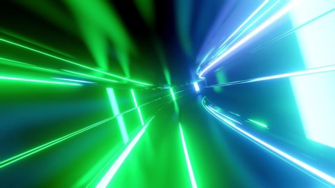 4k looped abstract high-tech tunnel with neon lights, camera flies through tunnel, blue green neon lights flicker. Sci-fi background in the style of cyberpunk or high-tech future. Background