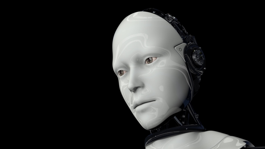 Artificial intelligence. Futuristic humanoid robot is activated, moves its head, eyes and scans the environment. The camera approaches the robot. On a black background. 4K. 3D animation. | Shutterstock HD Video #1054706135