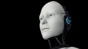 Artificial intelligence. Futuristic humanoid robot is activated, moves its head, eyes and scans the environment. The camera approaches the robot. On a black background. 4K. 3D animation. - Powered by Shutterstock - Get 15% off with code: PIKWIZARD15
