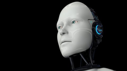 Artificial intelligence. Futuristic humanoid robot is activated, moves its head, eyes and scans the environment. The camera approaches the robot. On a black background. 4K. 3D animation.