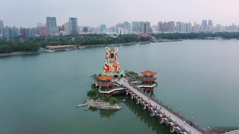 Aerial view 4k footage by drone of bridge of Zuoying Yuandi Temple at Lotus Pond in Kaohsiung, Taiwan.