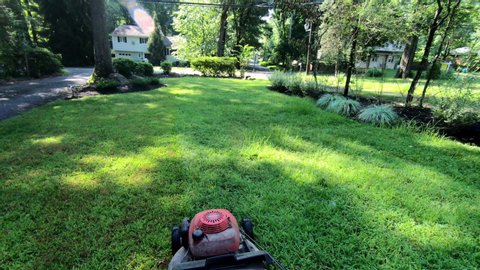 mowing the lawn with lawnmower in summer with sound