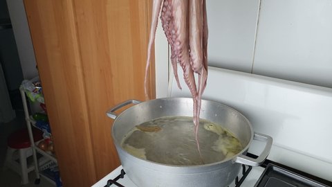 Scare Octopus Cook Boiling Technique Close Stock Footage Video (100%