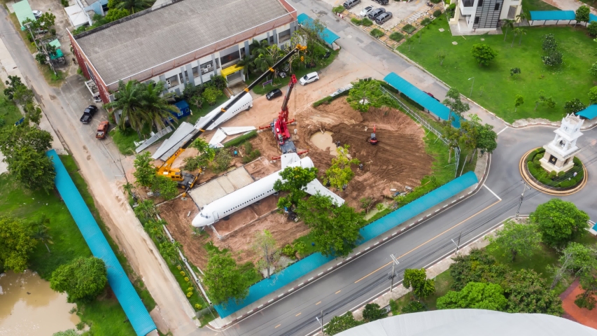 Footage B-roll Aerial view Hyperlapsr timelapse office plane building construction site.