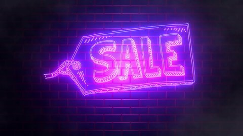 4k stock: Black Friday, big sale, sale off neon sign fluorescent light glowing. The best stock of black friday pink neon bright color on brick background, atmospheric smoke floating overlay element