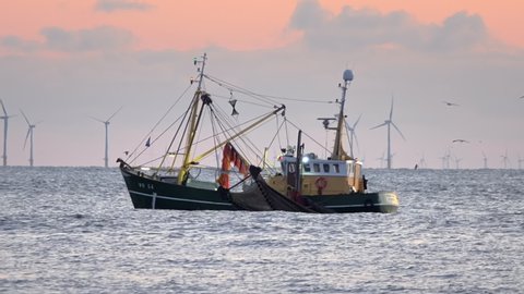 Trawler on the north see coast with wind turbines on the background. Slow motion.