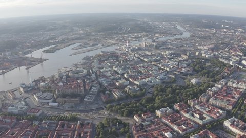 D-Log. Gothenburg, Sweden. Panorama of the city and the river Goeta Elv. The historical center of the city. Sunset, Aerial View, Point of interest