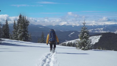 A man with a backpack travels in the mountains in winter. Traveler raising arms victoriously. Carpathian mountain range. The concept of travel and active lifestyle. 4K