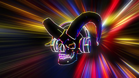 Neon Horned Skull with Headphones in Flight