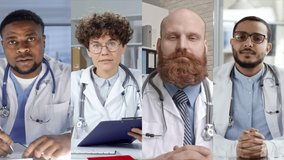 Split screen shot of four medical professionals in white coats talking on video call