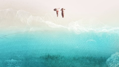 Aerial view of the two young women. Tropical aerial landscape with girls. Tanning woman wearing sun hat at the beach on a white sand shot from above. Azure water, sandy Tropical Beach. Top view, loop