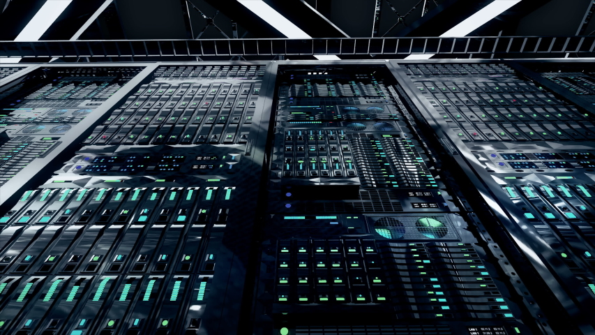 Network and data servers behind glass panels in a server room, Camera moves at an angled dolly shot in Network and Data center Powerful servers seamless loop 4K High Quality 3D Animation. | Shutterstock HD Video #1054729316
