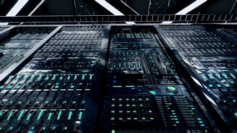 Network and data servers behind glass panels in a server room, Camera moves at an angled dolly shot in Network and Data center Powerful servers seamless loop 4K High Quality 3D Animation.
