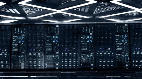 Server room. Powerful servers behind glass panels in a data center or ISP.  Network and data servers. Camera moves dolly shot, seamless loop. 4K high quality animation