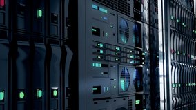 Camera Dolly Shot of a Working Data Center With Rows of Rack Servers. Close up view of Led Lights Blinking and Computers are Working. Powerful servers behind glass panels in a data center or ISP - Powered by Shutterstock - Get 15% off with code: PIKWIZARD15