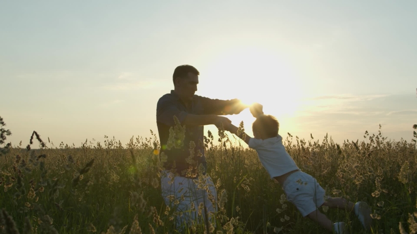 A cheerful father spins his son in a meadow in the high grass at sunset in slow motion. The concept of a happy family Royalty-Free Stock Footage #1054733282