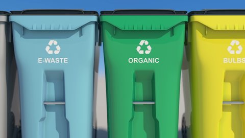 Plastic bins, garbage cans, recycling. Colored boxes, waste sorting, metal, plastic, glass, bulbs, organic. Colorful waste, with recycling sign. Saving the natural environment. An ecological approach 