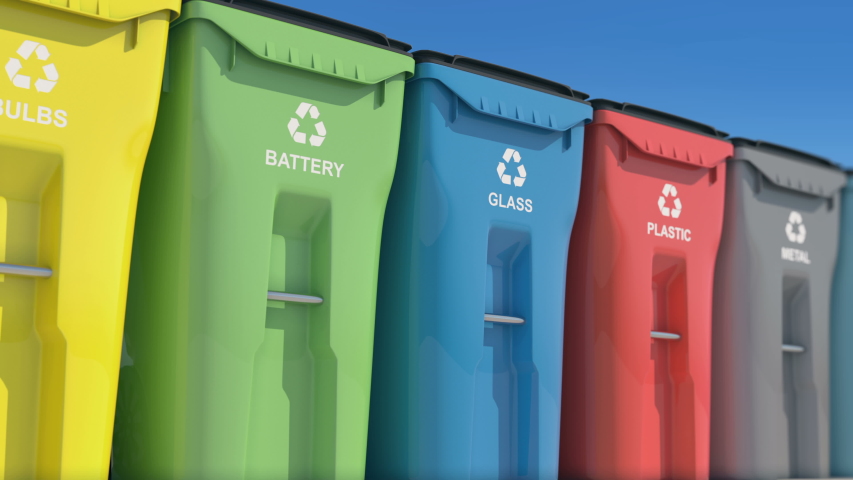 Plastic bins, garbage cans, recycling. Colored boxes, waste sorting, metal, plastic, glass, bulbs, organic. Colorful waste, with recycling sign. Saving the natural environment. An ecological approach  Royalty-Free Stock Footage #1054735205