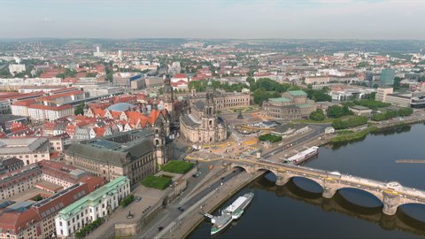 Aerial view of cityscape of Dresden, baroque palace Zwinger and opera house Semperoper Dresden in historic centre of capital city of Saxony - landscape panorama of Germany from above, Europe