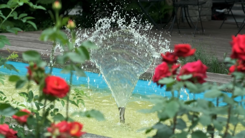 Decorative small fountain in the Park. Blurred red roses in the foreground. Landscape design.