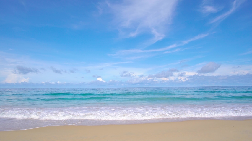 Phuket beach sea sand and sky. Landscape view of beach sea in summer day. Beach space area. At Karon Beach, Phuket, Thailand. On 15 June 2020. 4K UHD. Video Clip | Shutterstock HD Video #1054737134
