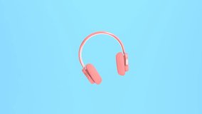 3d rendering pink headphones move, dance and approach on a blue background. Slow motion animation for advertising, digital marketing, social network. Unusual funny design, cartoon style joke.