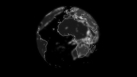 Rotating transparent Earth planet globe in grey shades illuminating in dark space,
