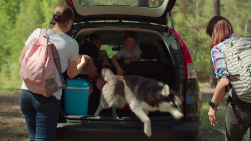 Two women, two boys and Siberian Husky dog on summer camping vacation. Happy family of two mothers and two sons taking bags from car trunk and walking in forest. Slow motion, steadicam shot. | Shutterstock HD Video #1054742330