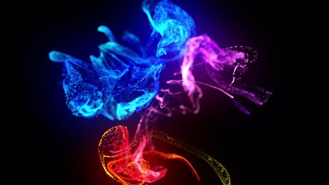 injection of fluorescent ink in water in 4k. 3d render of glow particles in ink flow. Interaction of two colliding flows. Luma matte as alpha channel. Shiny ink effect advection.